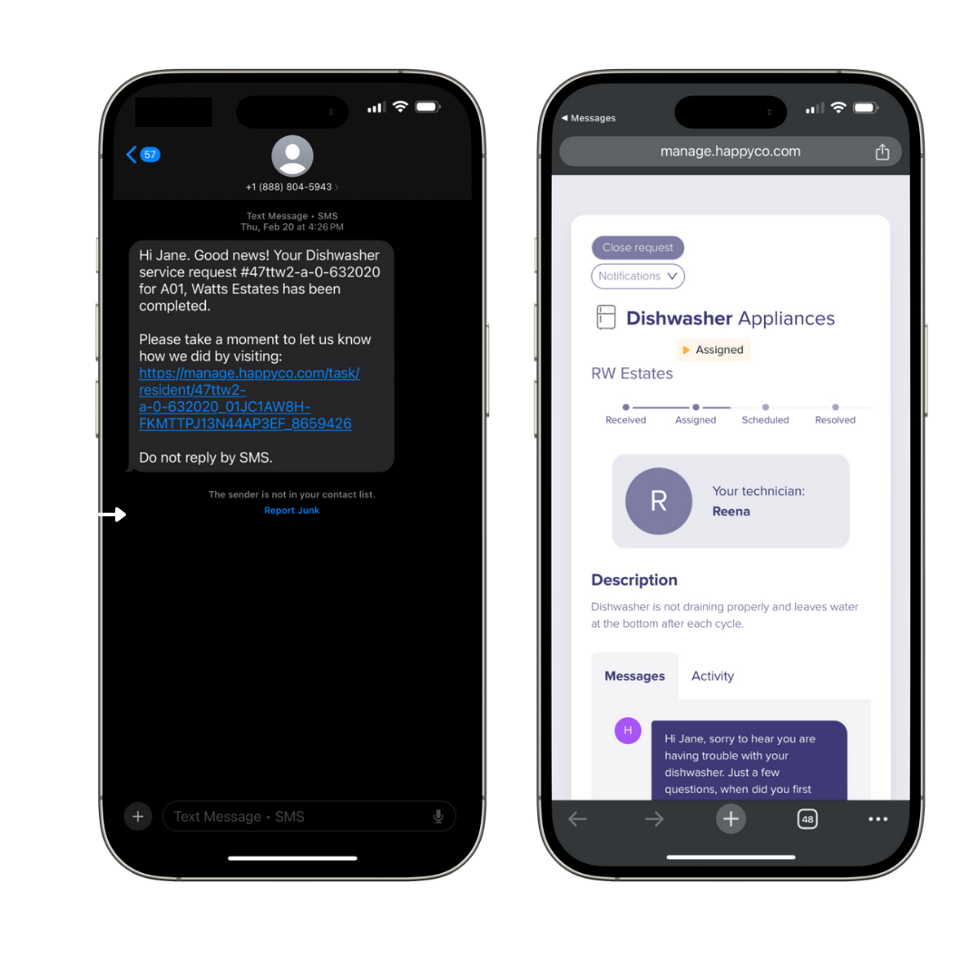 Example SMS notification sent to a resident