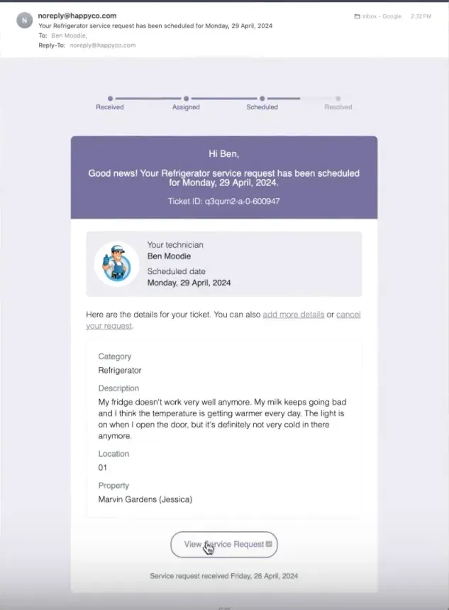 Service scheduled email example