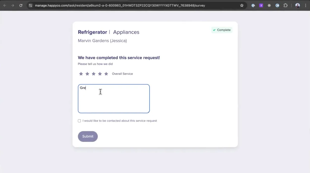 Resident feedback survey form